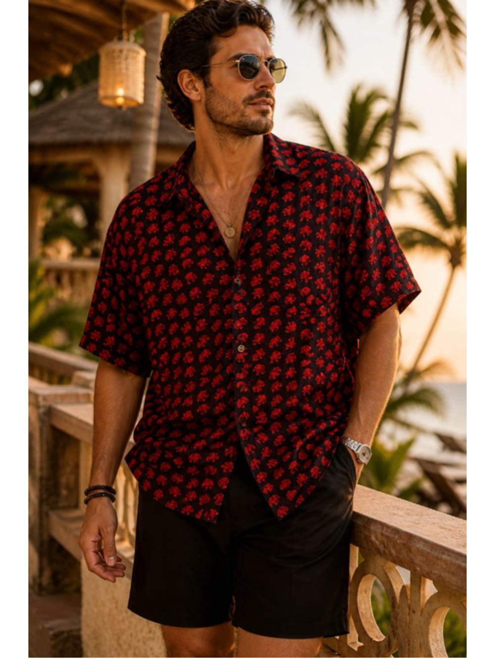 Elephant Print Thai Silk Shirt Men XL Red Black Novelty Festival Resort Shirt